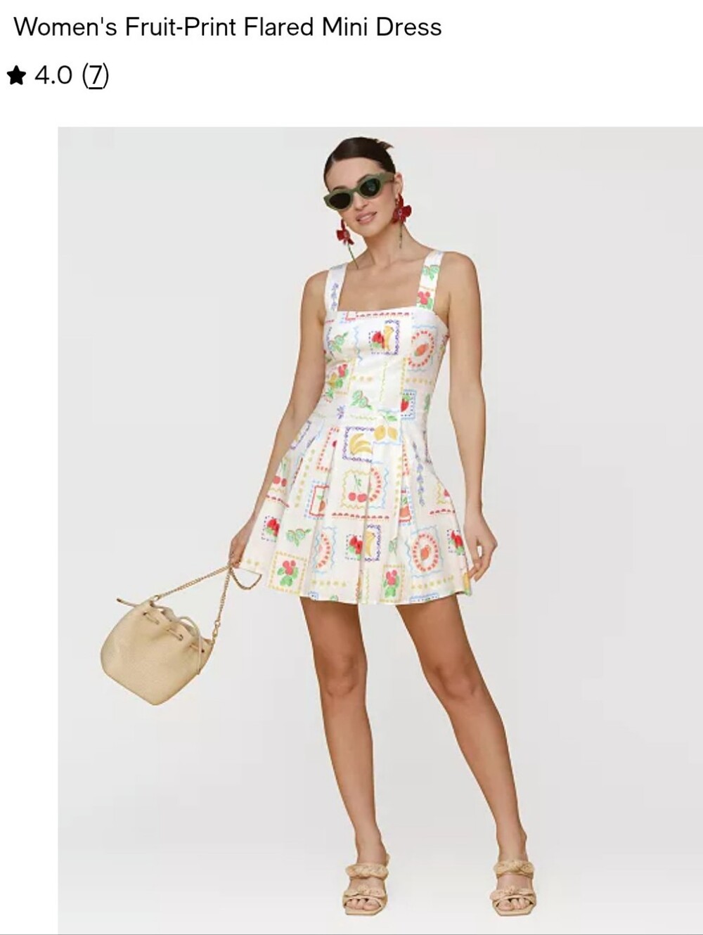 Avec Les Filles White Fruit-Print Square-Neck Flared Mini Dress